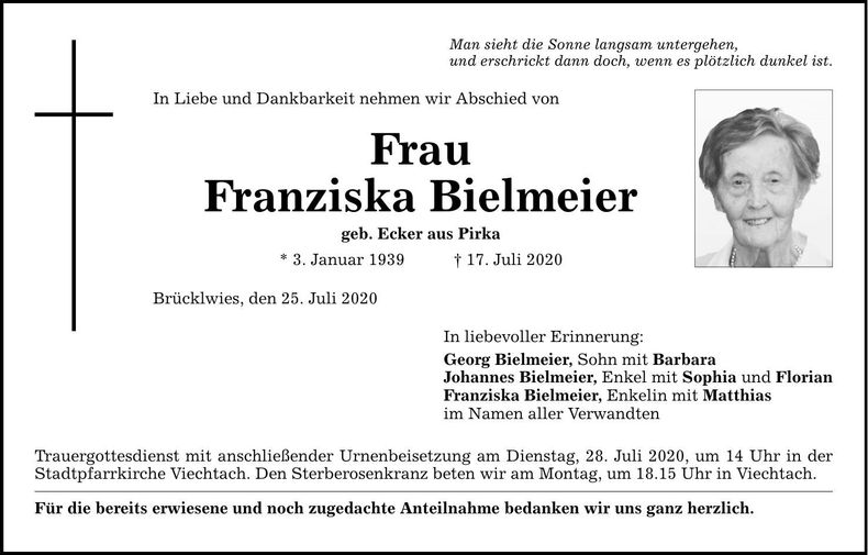 Traueranzeige Franziska Bielmeier