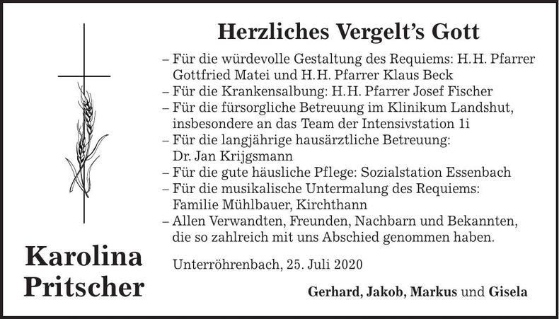 Traueranzeige Karolina Pritscher