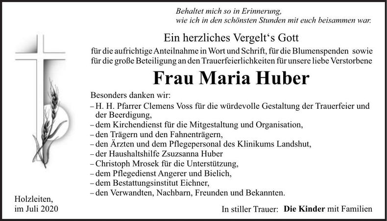 Traueranzeige Maria Huber