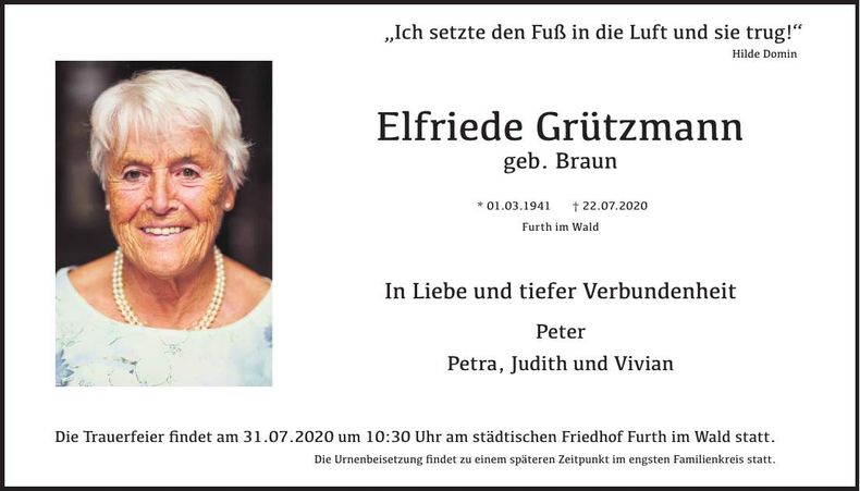 Traueranzeige Elfriede Grützmann