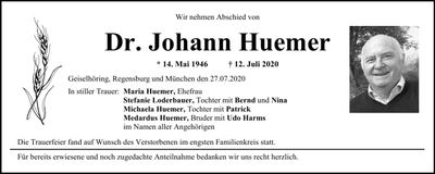 Traueranzeige Huemer Johann