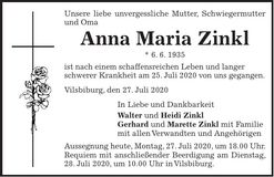 Traueranzeige Anna Maria Zinkl