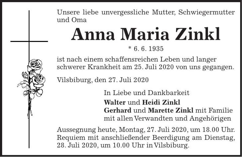 Traueranzeige Anna Maria Zinkl