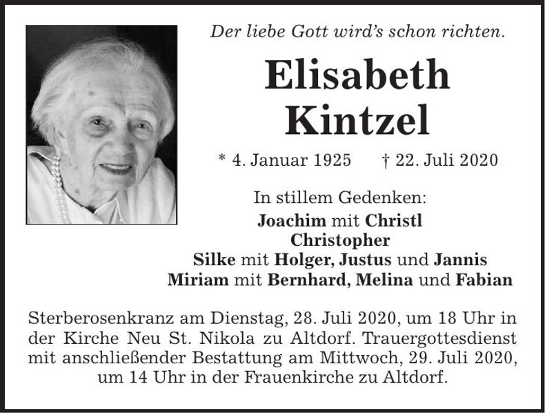 Traueranzeige Elisabeth Kintzel