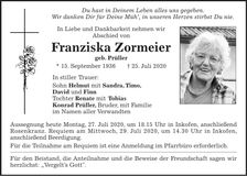 Traueranzeige Franziska Zormeier
