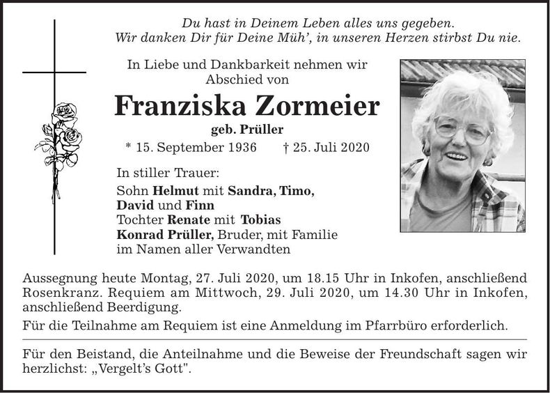 Traueranzeige Franziska Zormeier