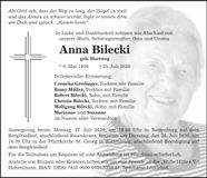 Traueranzeige Anna Bilecki