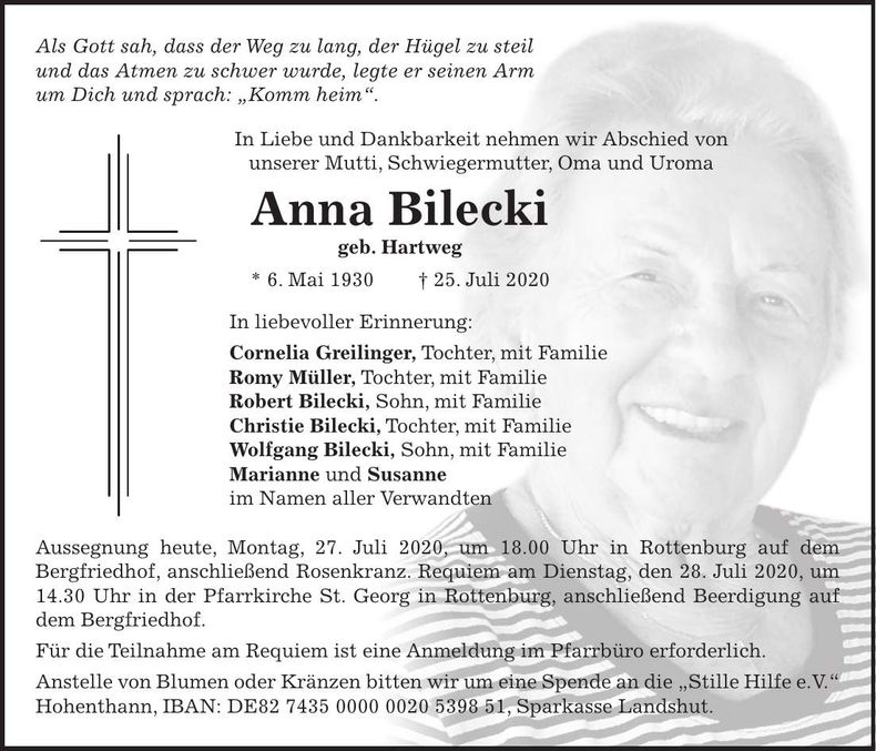 Traueranzeige Anna Bilecki