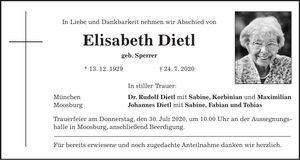 Traueranzeige Elisabeth Dietl