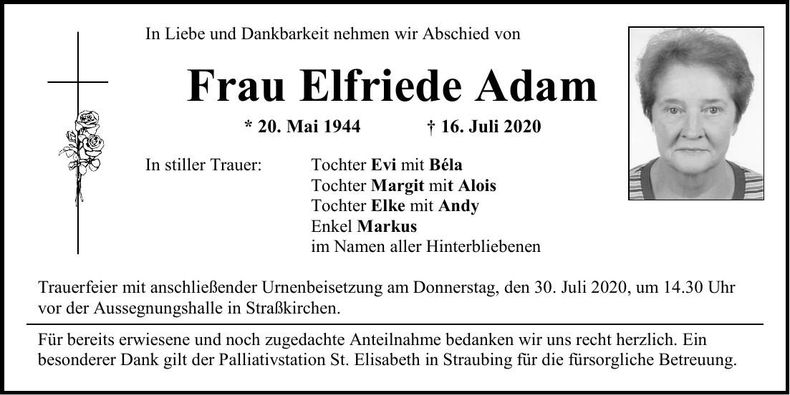Traueranzeige Elfriede Adam