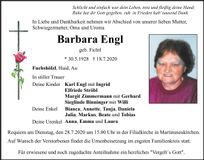 Traueranzeige Barbara Engl