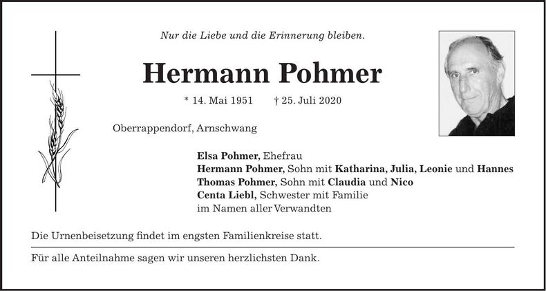 Traueranzeige Hermann Pohmer