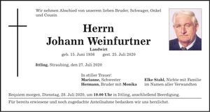 Traueranzeige Johann Weinfurtner