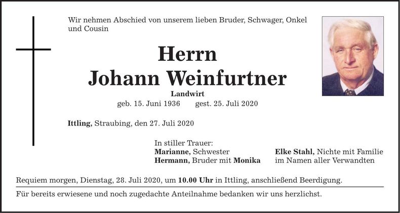 Traueranzeige Johann Weinfurtner