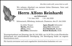Traueranzeige Alfons Reinhardt
