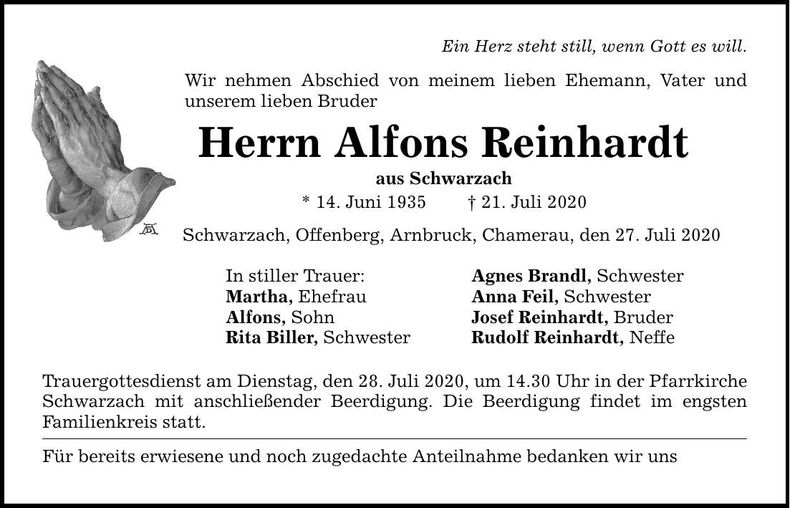 Traueranzeige Alfons Reinhardt