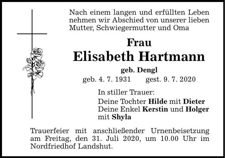 Traueranzeige Elisabeth Hartmann