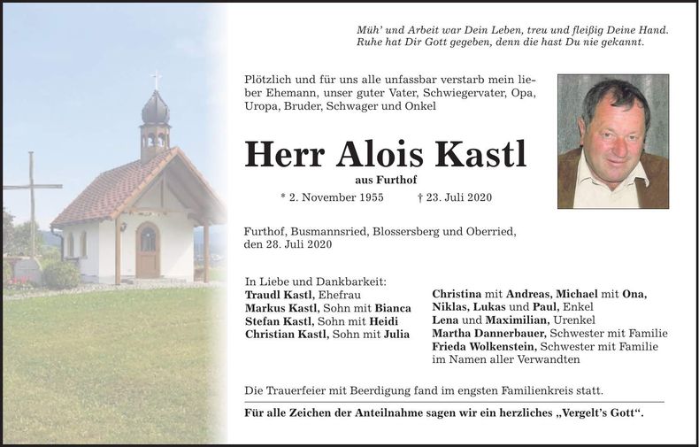 Traueranzeige Alois Kastl