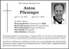 Traueranzeige Anton Plieninger