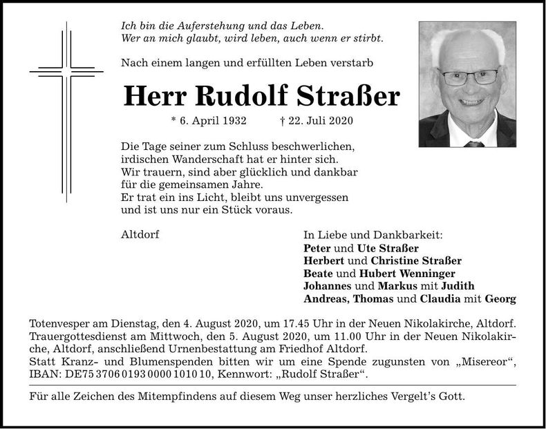 Traueranzeige Rudolf Straßer