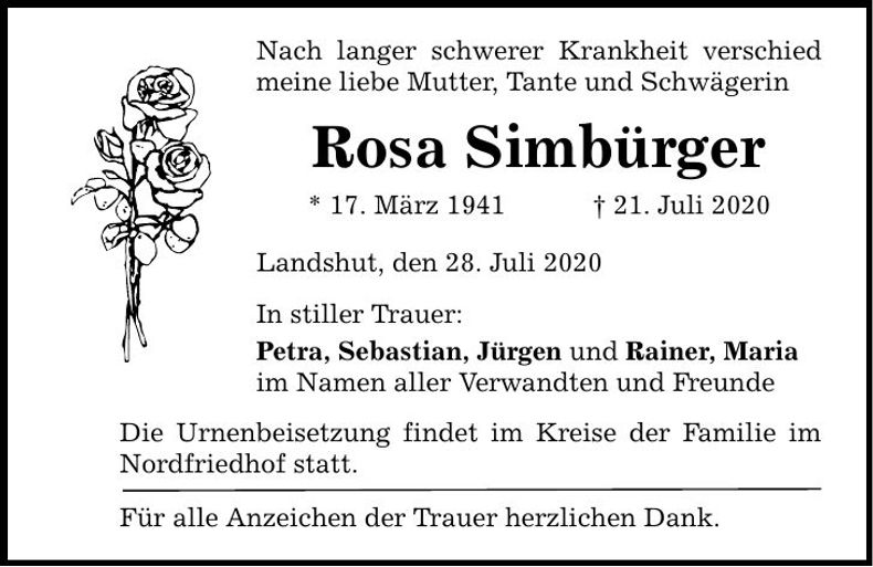 Traueranzeige Rosa Simbürger