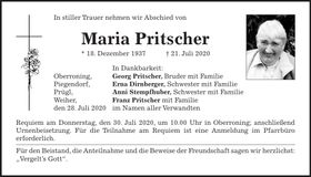 Traueranzeige Maria Pritscher