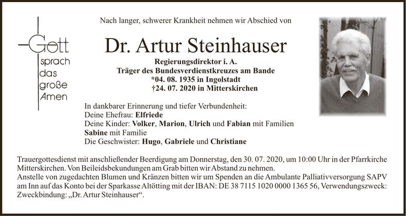 Traueranzeige Artur Steinhauser