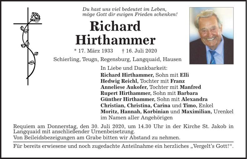 Traueranzeige Richard Hirthammer