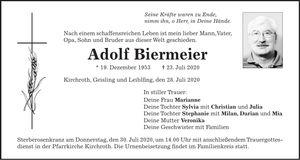 Traueranzeige Adolf Biermeier
