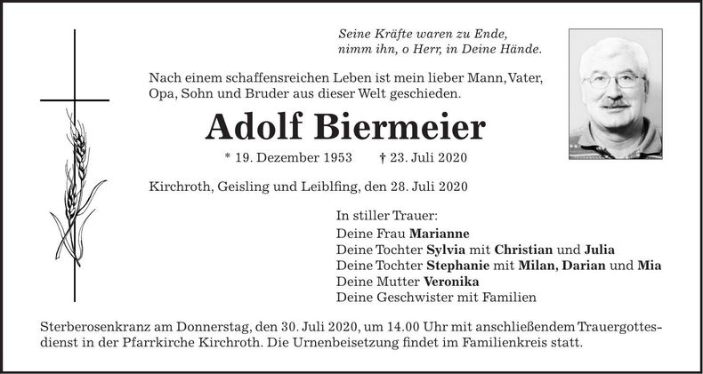 Traueranzeige Adolf Biermeier