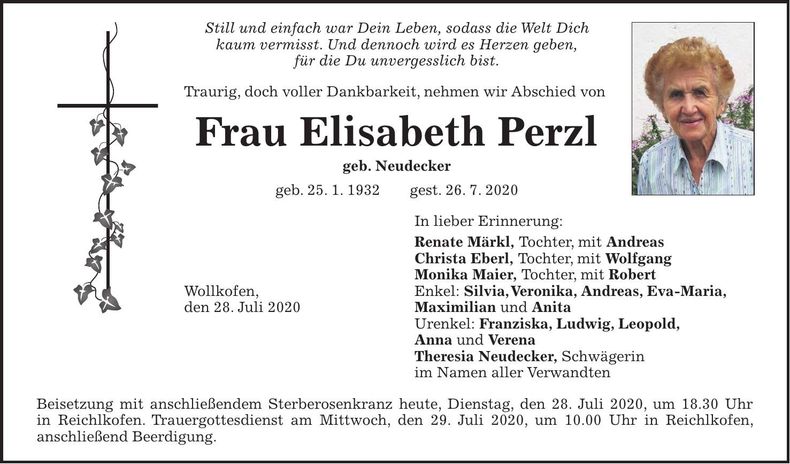 Traueranzeige Elisabeth Perzl