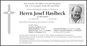 Traueranzeige Josef Haslbeck