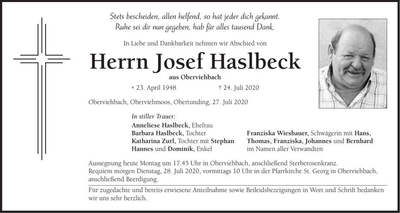 Traueranzeige Josef Haslbeck