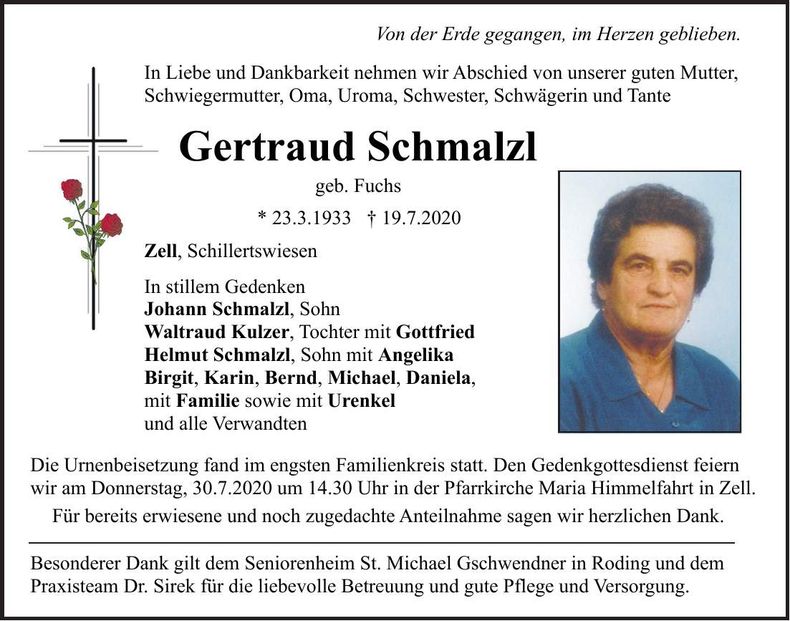 Traueranzeige Gertraud Schmalzl