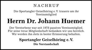 Traueranzeige Johann Huemer
