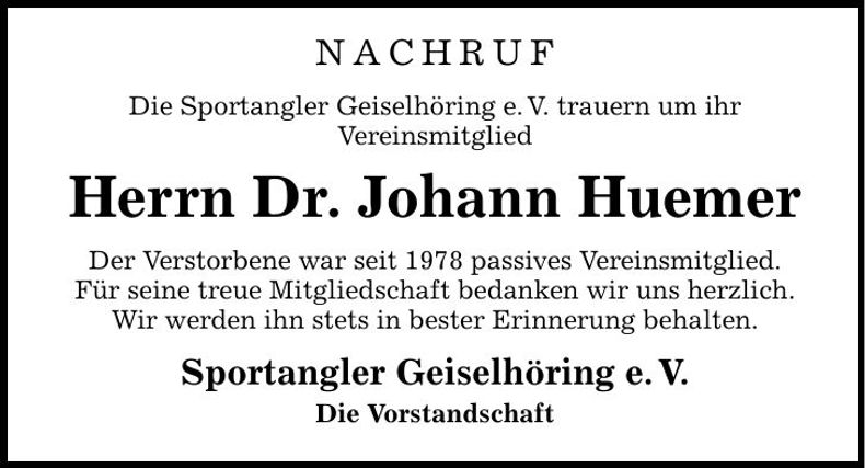 Traueranzeige Johann Huemer