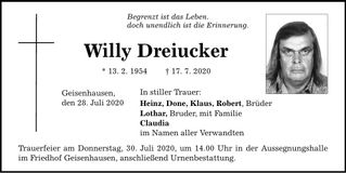 Traueranzeige Willy Dreiucker