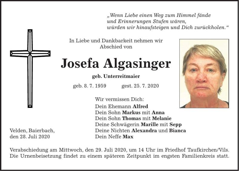 Traueranzeige Josefa Algasinger