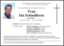 Traueranzeige Ida Schindlbeck