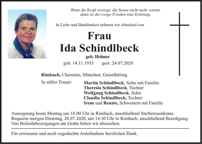 Traueranzeige Ida Schindlbeck