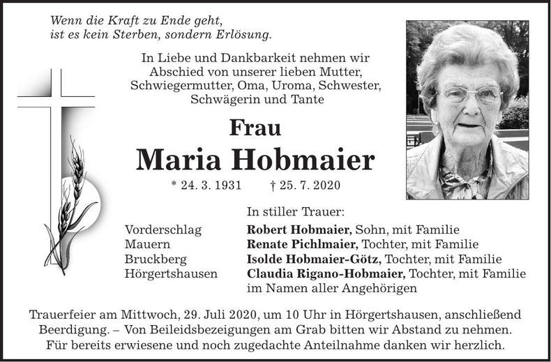 Traueranzeige Maria Hobmaier