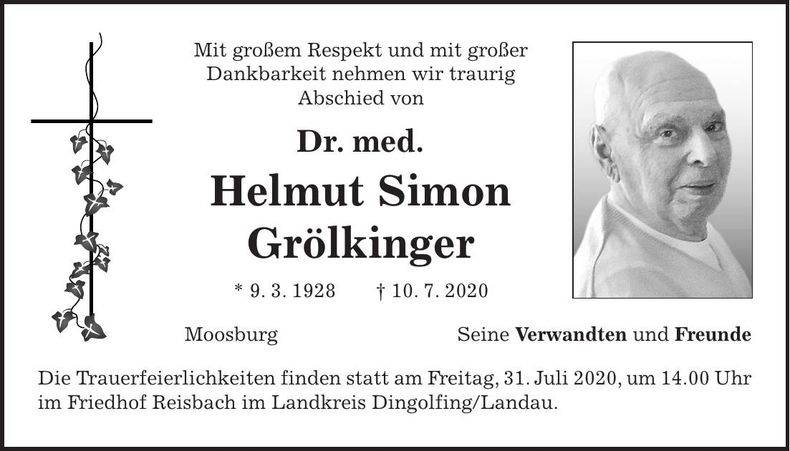 Traueranzeige Helmut Simon Dr. med. Grölkinger