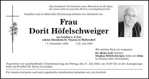 Traueranzeige Dorit Höfelschweiger