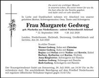 Traueranzeige Margarete Gedweg