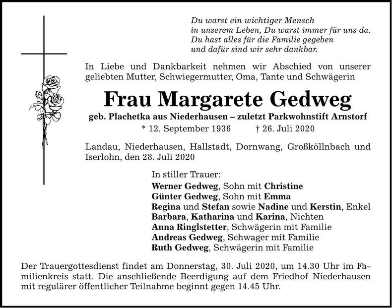 Traueranzeige Margarete Gedweg