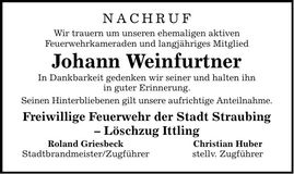 Traueranzeige Johann Weinfurtner