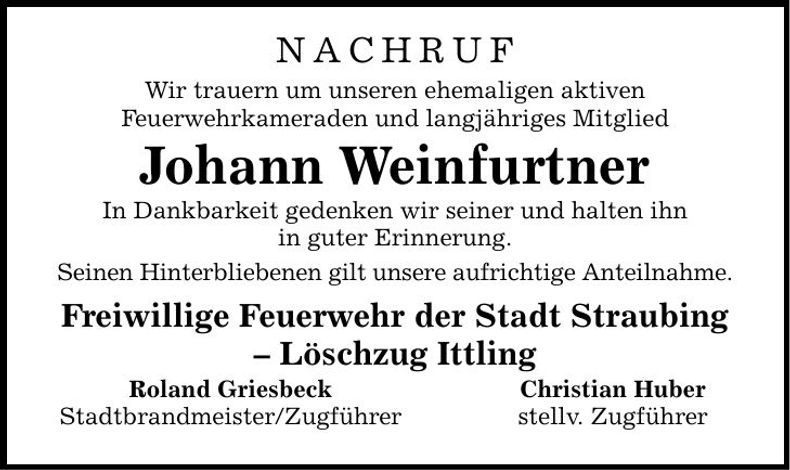 Traueranzeige Johann Weinfurtner