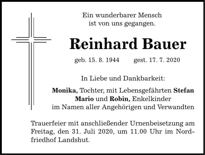 Traueranzeige Reinhard Bauer