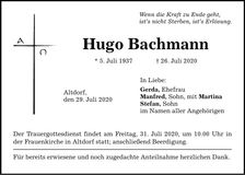 Traueranzeige Hugo Bachmann
