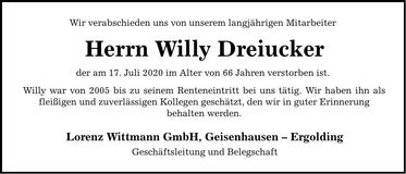 Traueranzeige Willy Dreiucker